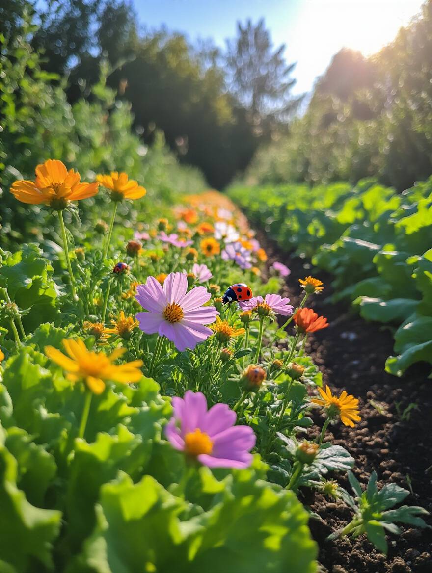 Close-up of a vibrant home vegetable garden with a variety of nectar-rich flowers like sweet alyssum and dill blooming amongst green vegetable plants, attracting a ladybug on a flower, illustrating beneficial insect integration.