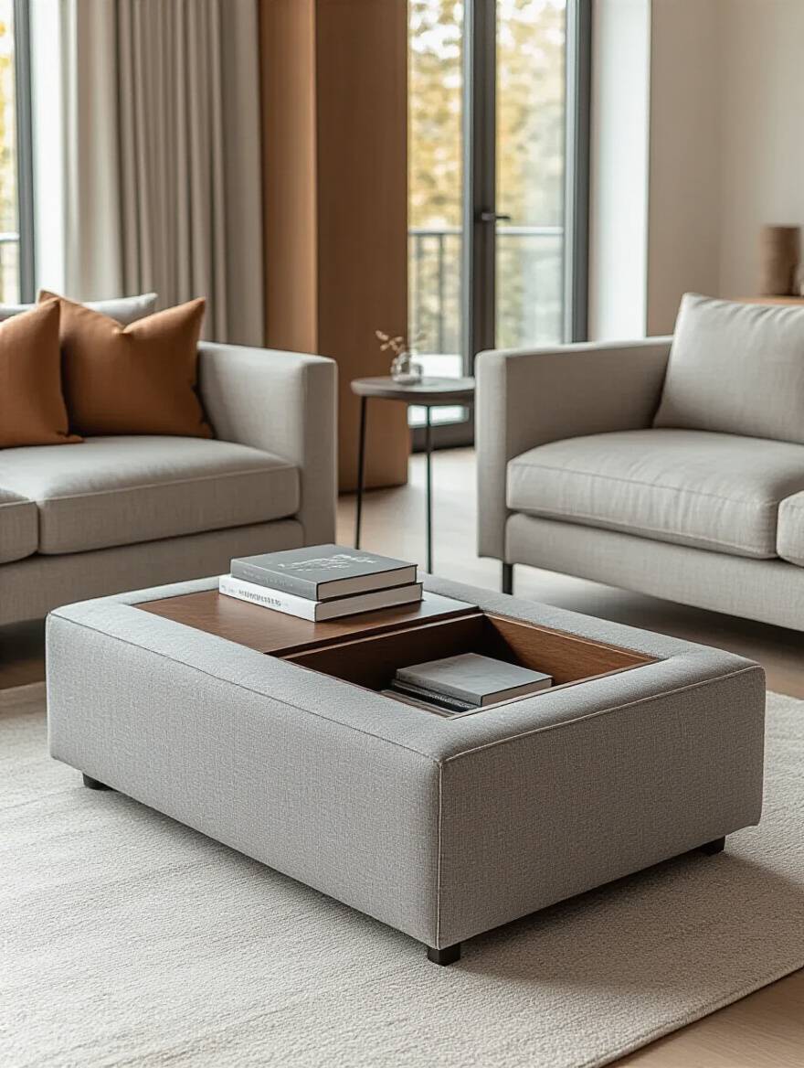 Modern living room with a grey multi-functional ottoman coffee table revealing hidden storage, showcasing space-saving solutions and clever furniture integration.