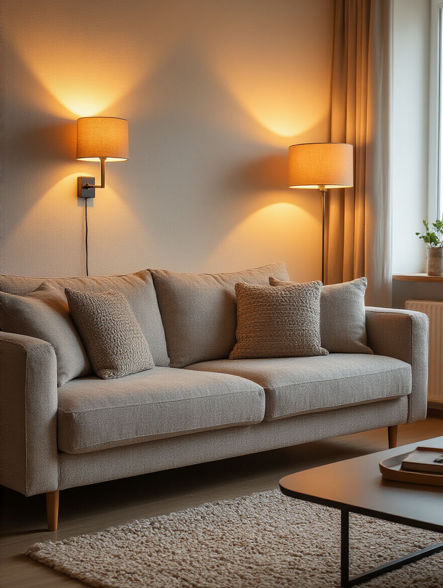 Cozy living room with soft ambient lighting (portrait orientation)
