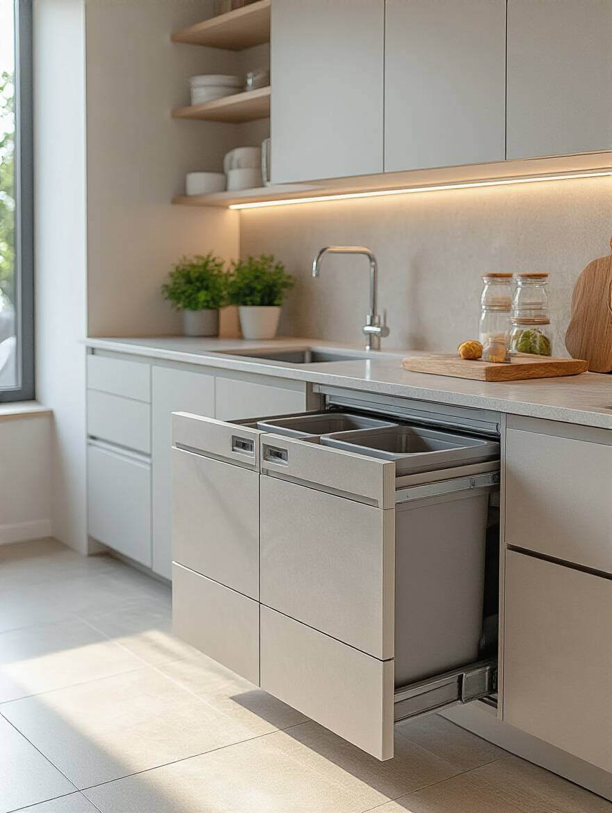 A modern kitchen interior featuring a concealed, multi-compartment pull-out waste and recycling system integrated into a sleek cabinet under a minimalist countertop, emphasizing eco-friendly living.
