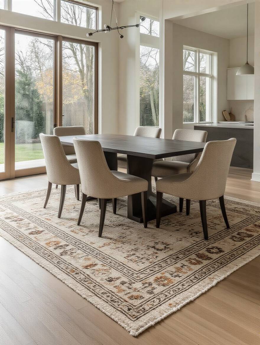 A well-proportioned geometric patterned area rug beneath a modern dining table and chairs, clearly defining the dining zone in an open-concept room, illuminated by natural light.