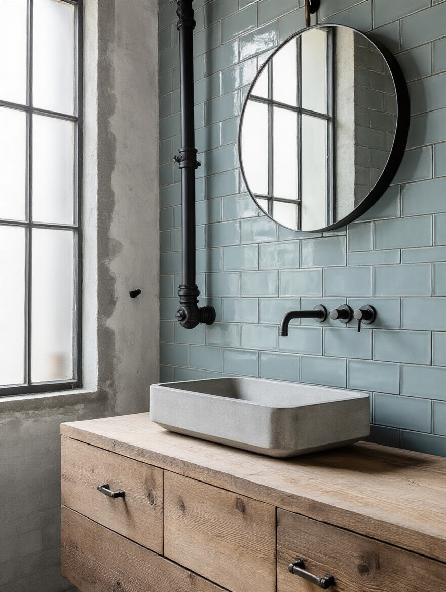 Industrial bathroom with matte dusty blue subway tiles, dark charcoal grout, exposed black piping, and concrete basin. Rugged and chic design.