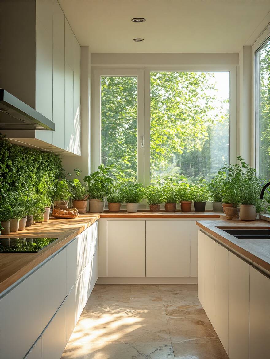 A modern kitchen designed with biophilic elements, featuring a vertical garden, potted herbs, natural wood cabinets, stone flooring, and abundant natural light filtering through large windows, creating a warm and natural ambiance.