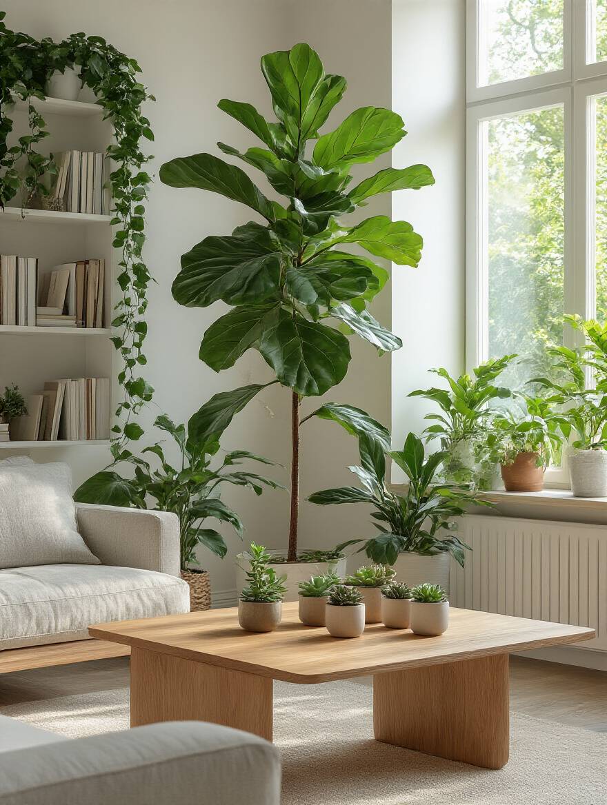 Modern living room with a tall Fiddle Leaf Fig tree, small succulents, and trailing Pothos, showcasing beautiful indoor plants and greenery for a vibrant home interior.