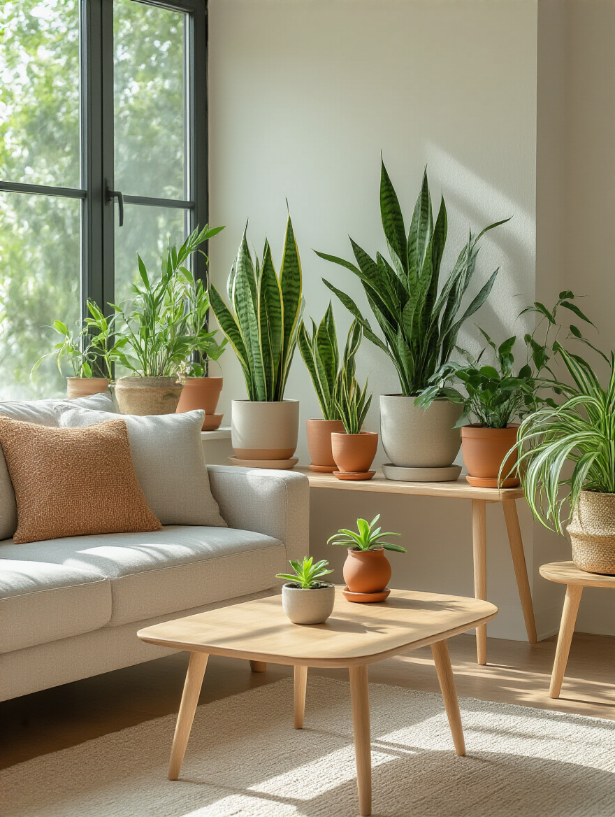 Serene living room corner with low-maintenance houseplants in minimalist pots.