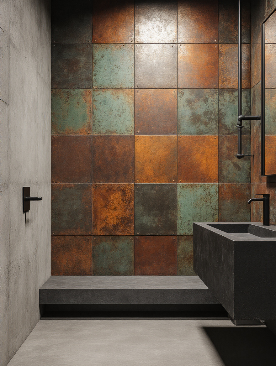 Industrial bathroom featuring a feature wall clad in large format metal-effect tiles with rich rust, copper, and green patina finishes, a concrete basin, and dark industrial fixtures.