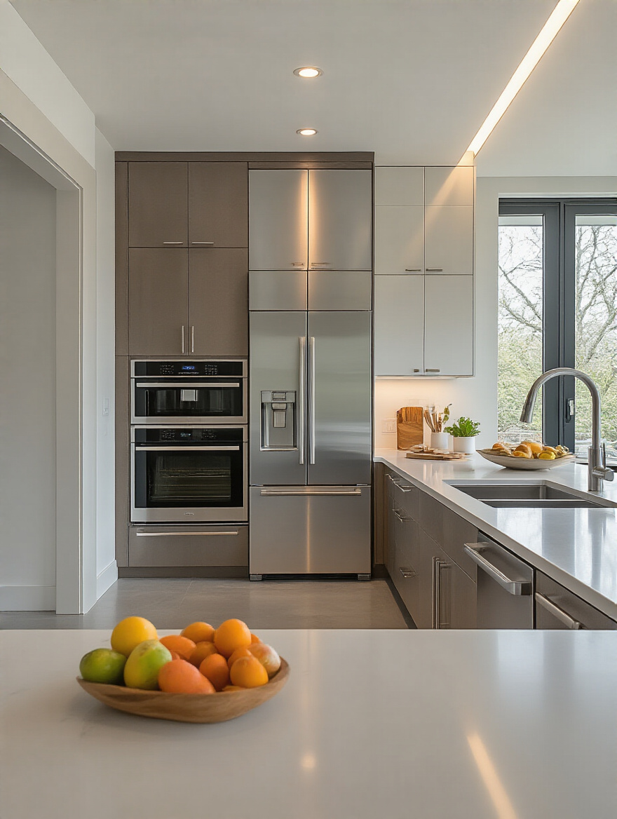 Portrait of a modern kitchen showcasing energy-efficient appliances (no people).