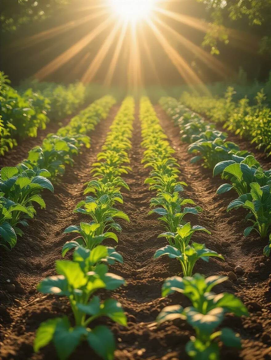 Vegetable garden bathed in dynamic sunlight, showing areas of full sun and shade, illustrating the importance of sunlight analysis for optimal plant placement and growth.
