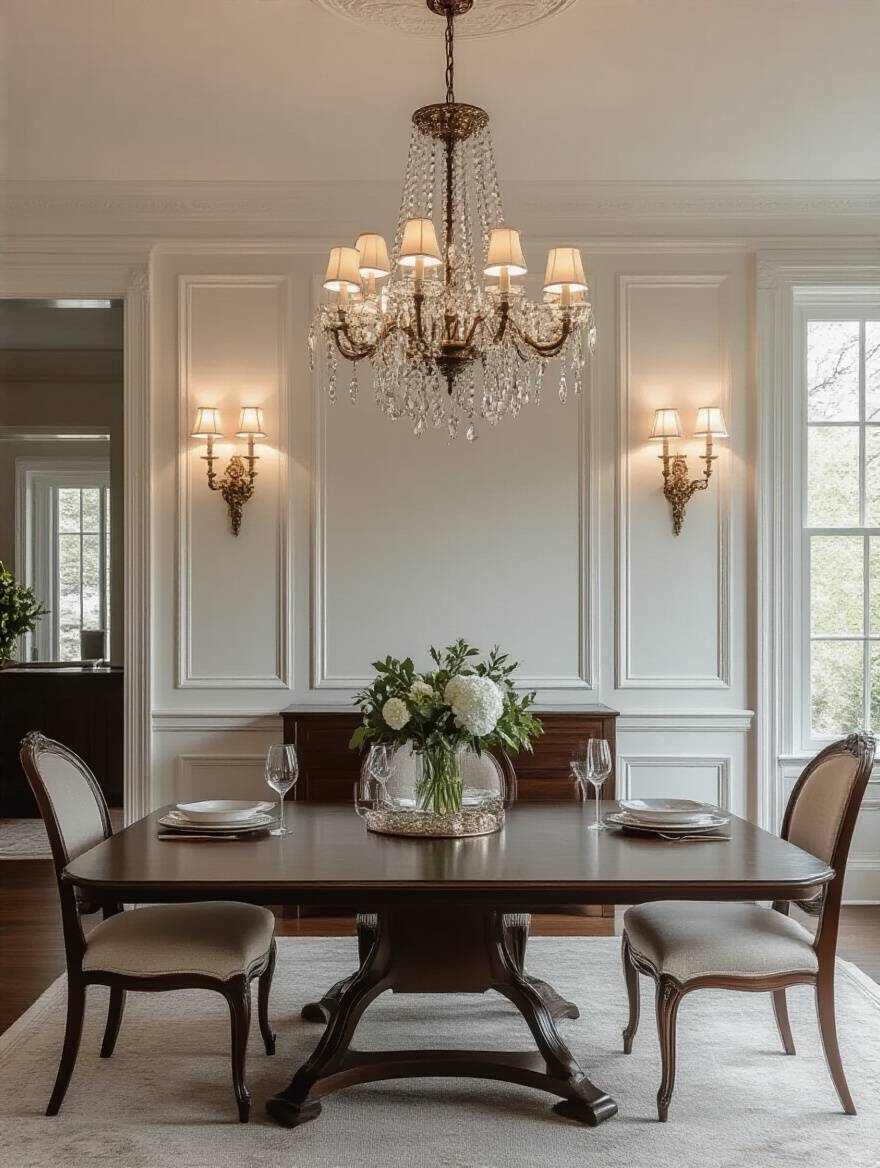 A beautifully designed dining room showcasing layered lighting. A central chandelier provides ambient light, complemented by soft glowing wall sconces and subtle recessed lighting. The table is elegantly set, highlighting the cozy and inviting atmosphere created by multiple light sources.