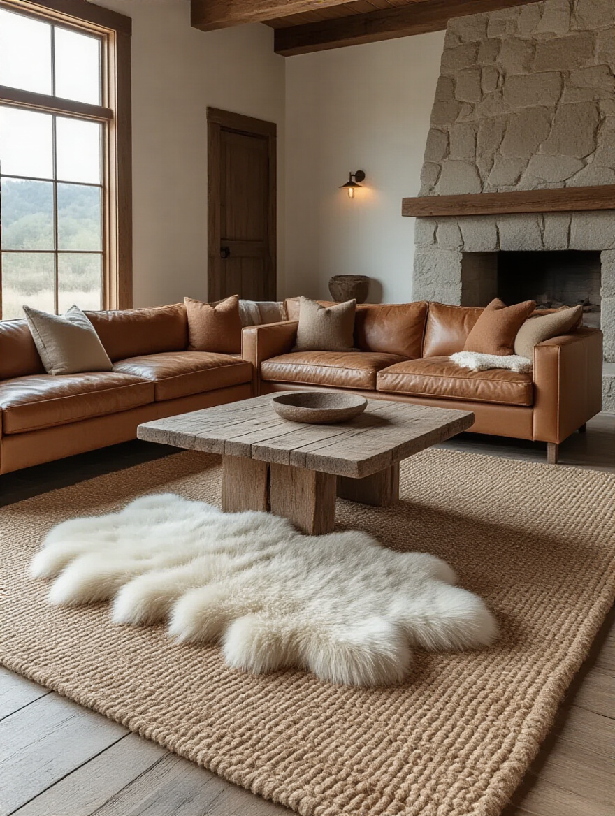 Rustic living room with layered jute base rug and plush wool/sheepskin top rug under coffee table