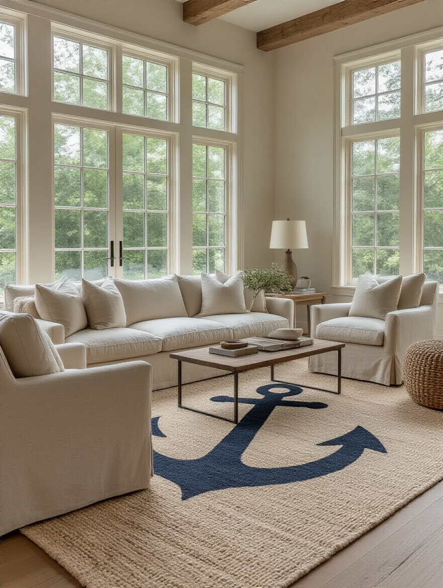 Portrait view of layered area rug anchoring seating area in a serene living room