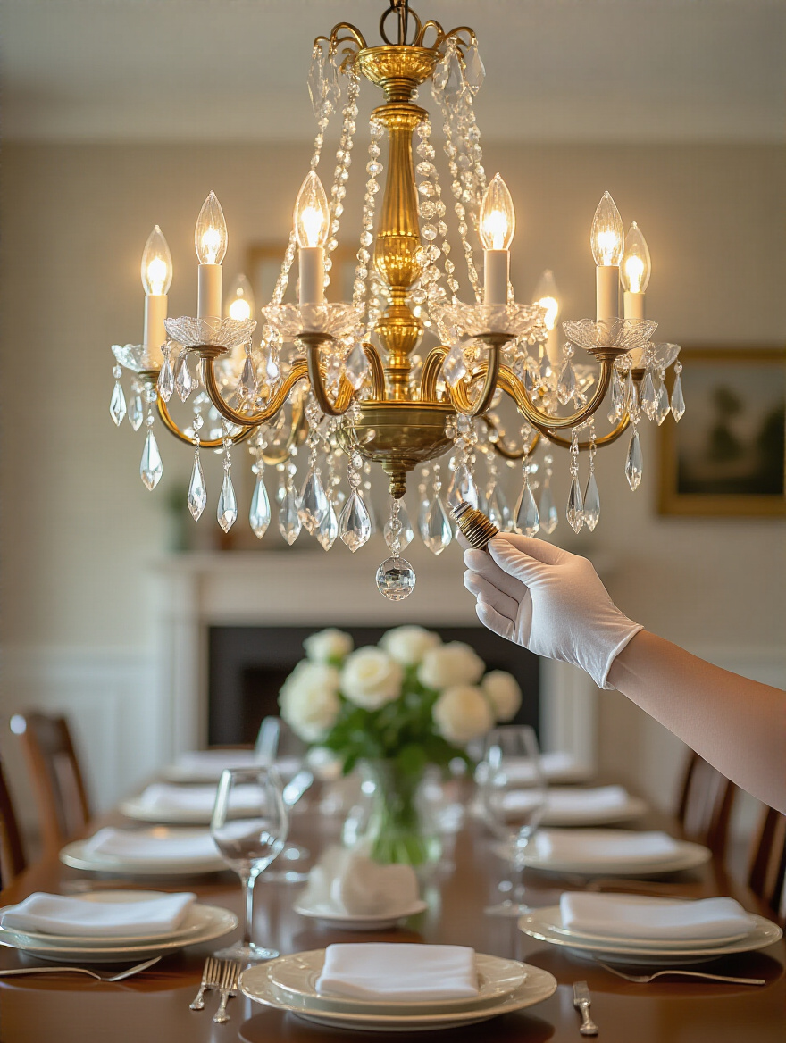 Close-up of a white-gloved hand gently wiping a delicate crystal chandelier with a microfiber cloth, demonstrating safe chandelier crystal cleaning.