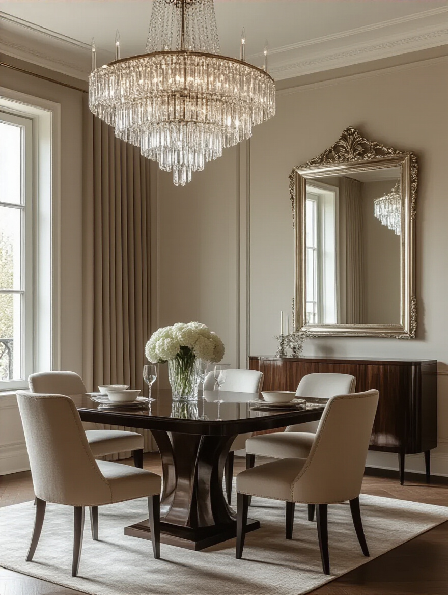Elegant dining room with a sparkling crystal chandelier, a glossy dark wood dining table, and a large decorative wall mirror reflecting the chandelier and natural light to amplify brightness and sparkle.