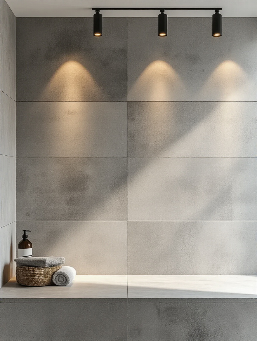Industrial bathroom wall with large format concrete-look porcelain tiles, expertly lit by narrow-beam LED track lights emphasizing tile texture and tonal variations.