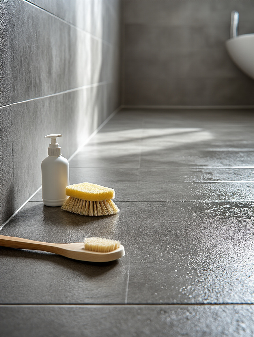 A detailed close-up of clean industrial bathroom floor tiles with dark grout lines, alongside a scrub brush and a pH-neutral cleaner bottle, suggesting effective tile maintenance.