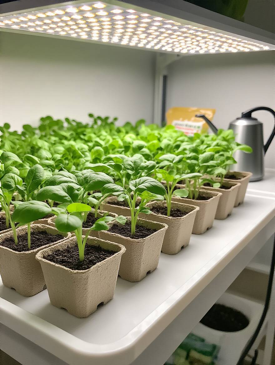 Close-up of vibrant green vegetable seedlings under an LED grow light, illustrating successful indoor seed starting.