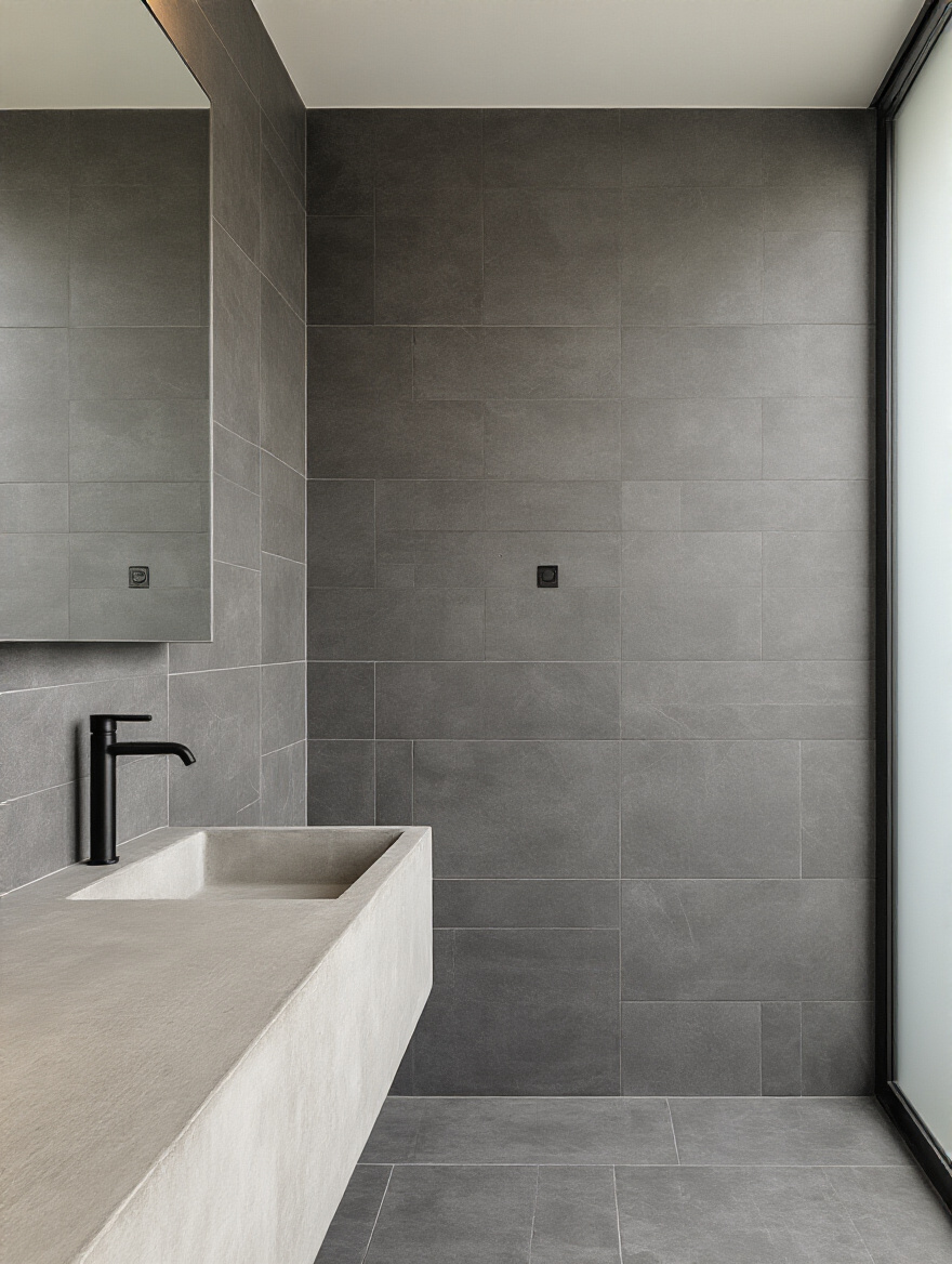 Modern industrial bathroom wall featuring large-format dark grey porcelain tiles in a vertical stack bond pattern, showcasing clean lines and minimalist design.