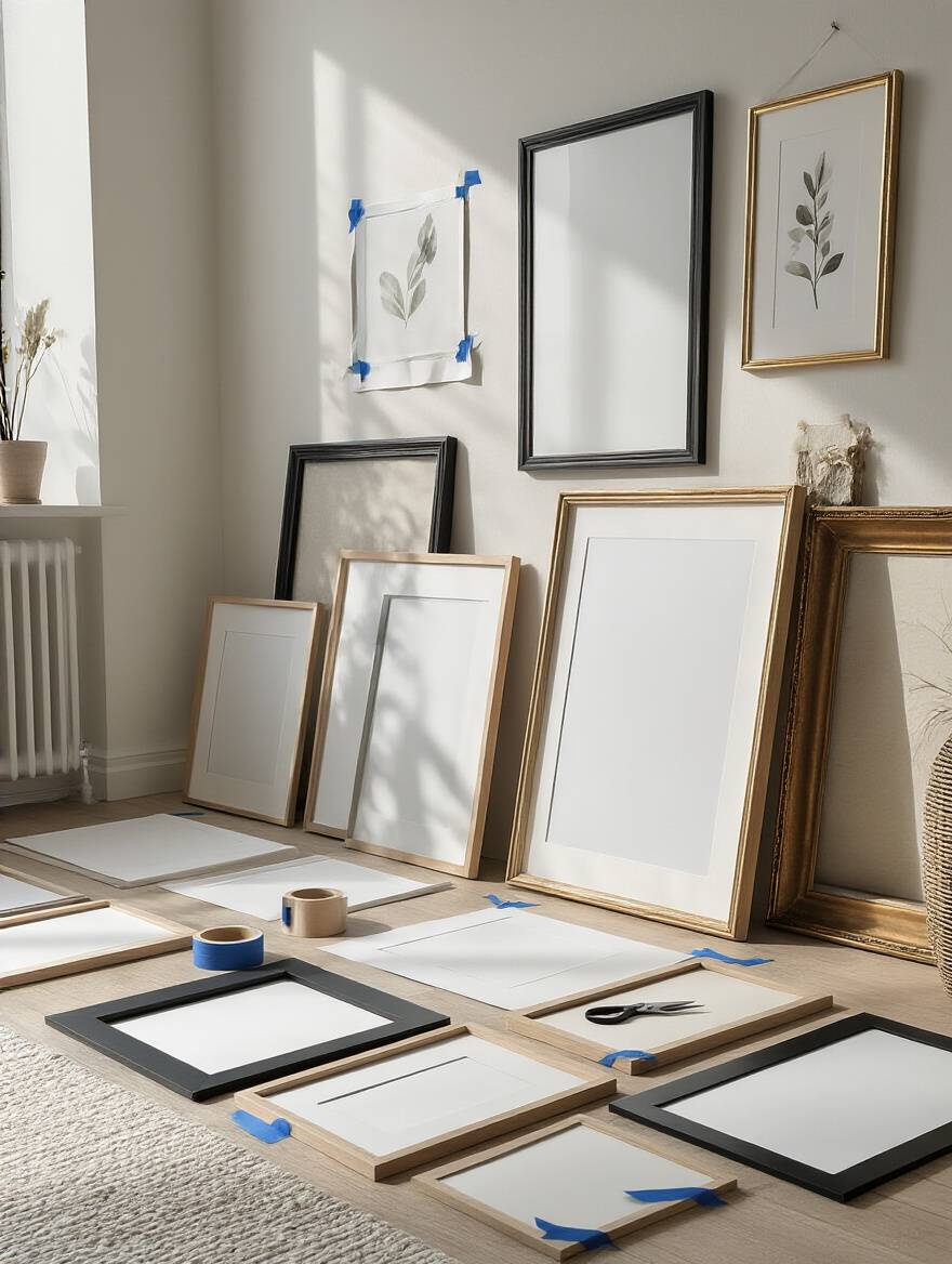 A meticulously planned gallery wall layout for a bedroom, showing frames laid out on the floor and paper templates taped to a wall, ready for safe installation.