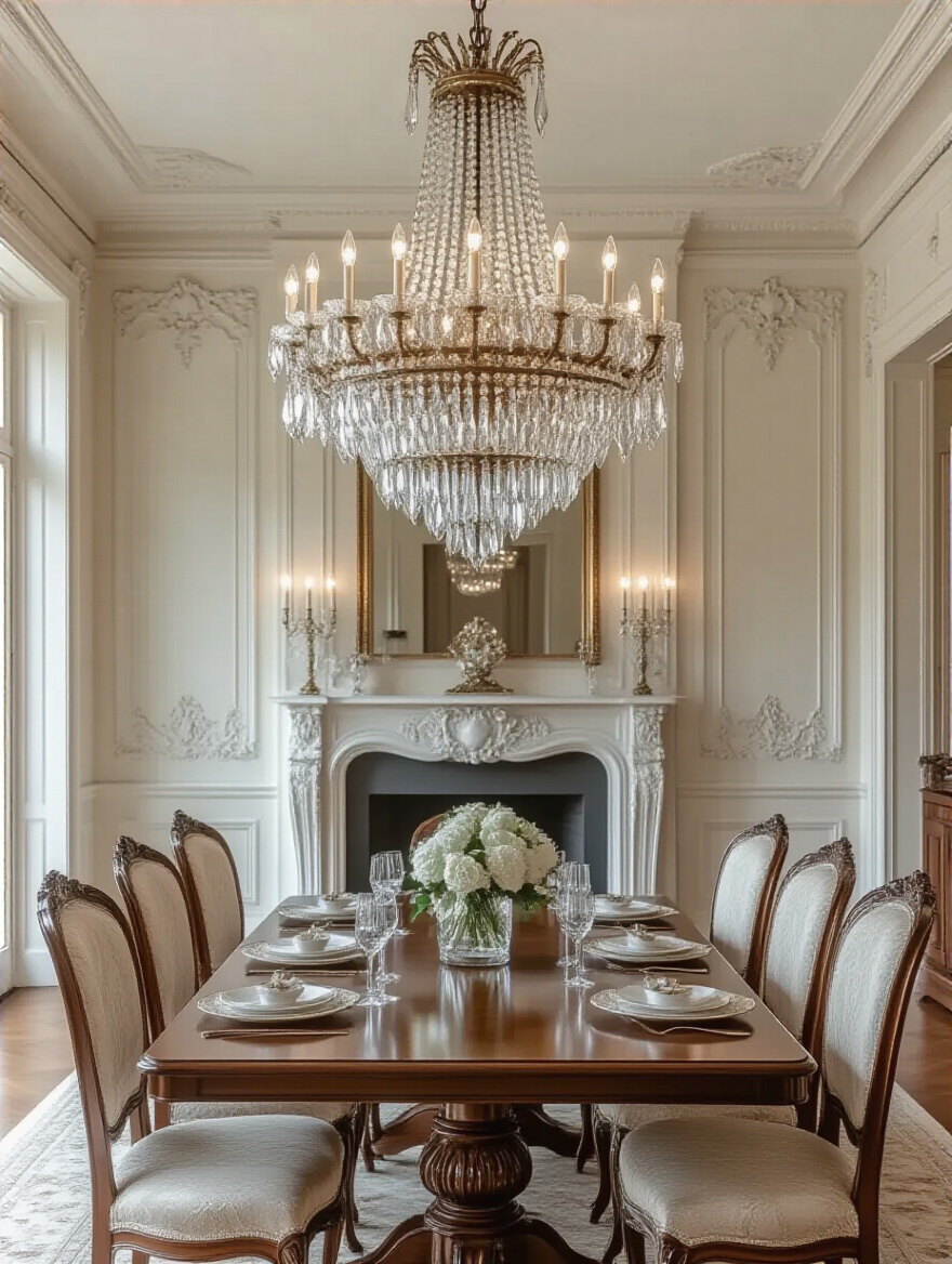 A stunning traditional dining room with a multi-tiered crystal chandelier perfectly complementing the elegant mahogany furniture and classic decor.