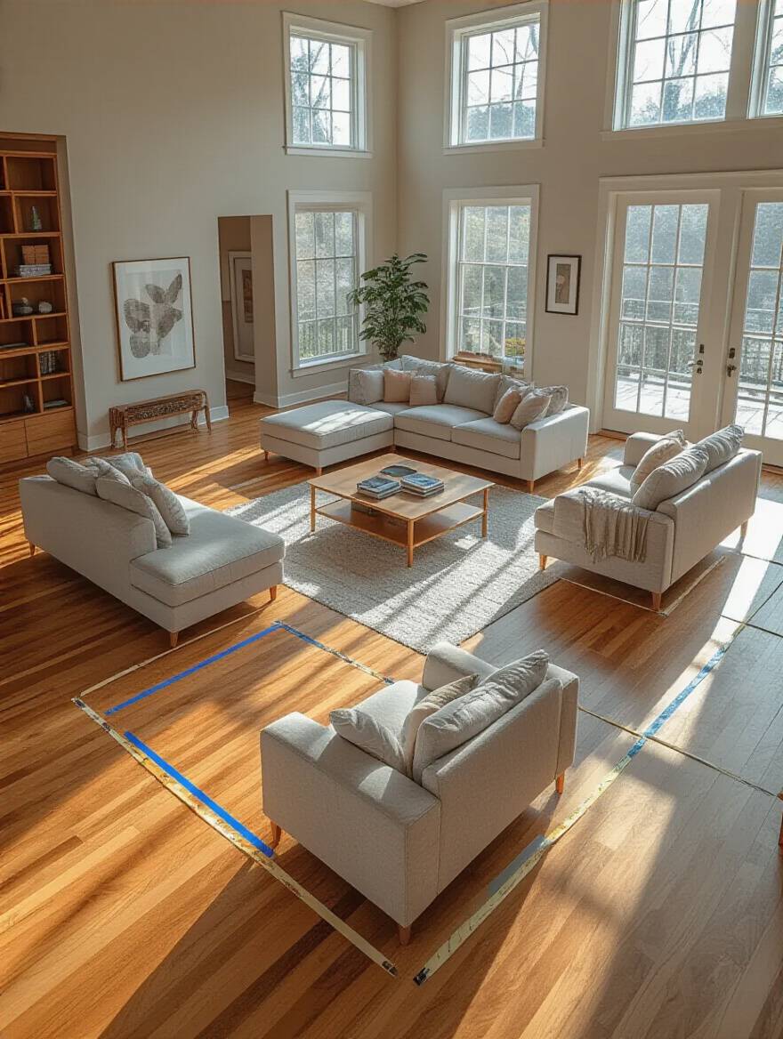 Detailed floor plan sketch with taped furniture layouts in a modern living room