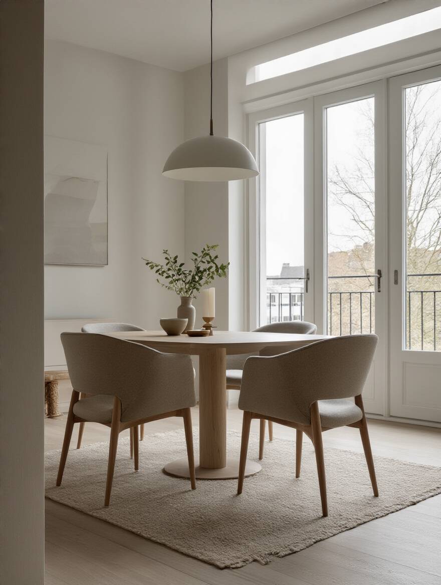 A beautifully spaced modern dining room with a dining table and chairs, showcasing ample clearance for comfortable movement and optimal flow.