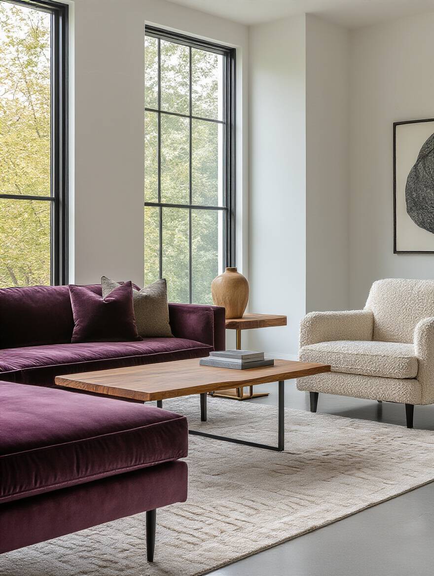 Living room featuring mixed material furniture including a velvet sofa, wood and metal side table, boucle armchair, and brass and marble coffee table, showcasing diverse finishes and textures.