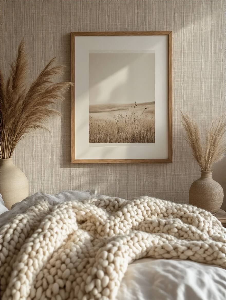 Bedroom art print display with natural wood frame, grasscloth wallpaper, a chunky knit throw, and dried pampas grass in a ceramic vase, showcasing mixed textures and materials.