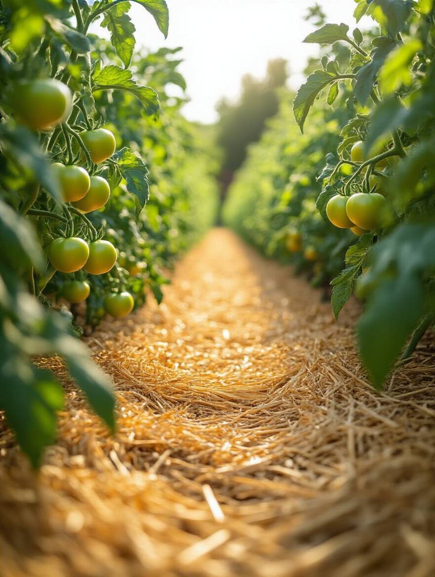 A vegetable garden bed generously mulched with organic straw around healthy green plants, showing moisture conservation and weed suppression.