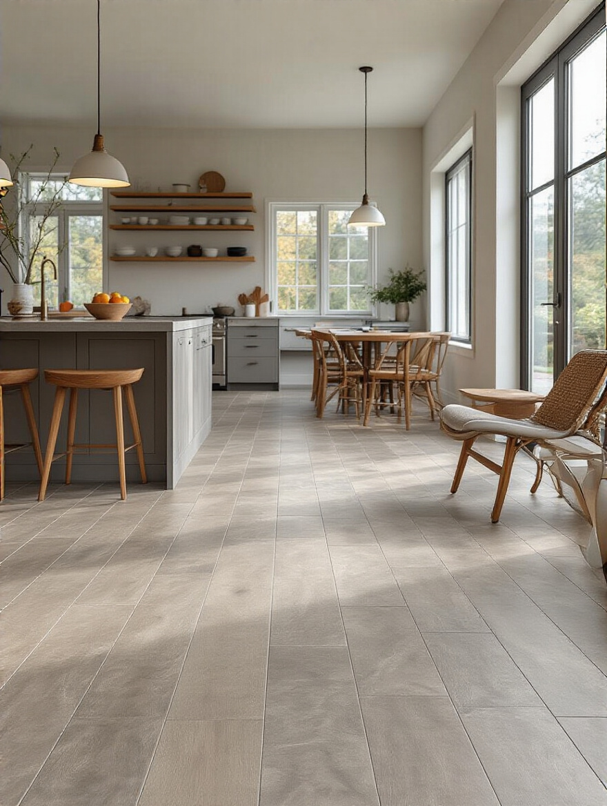 Portrait view of a modern kitchen floor with durable, easy-to-maintain flooring