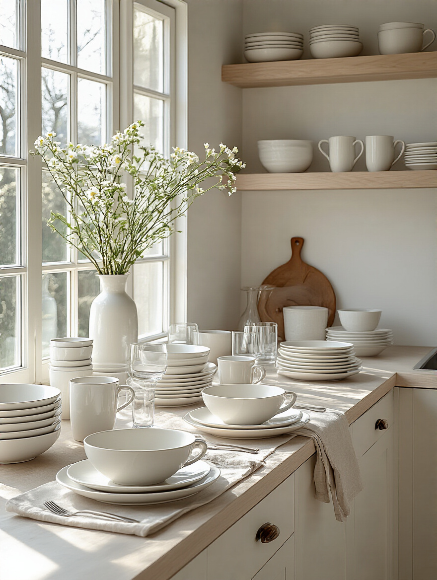 Minimalist kitchen with uniform white dinnerware and glassware neatly arranged