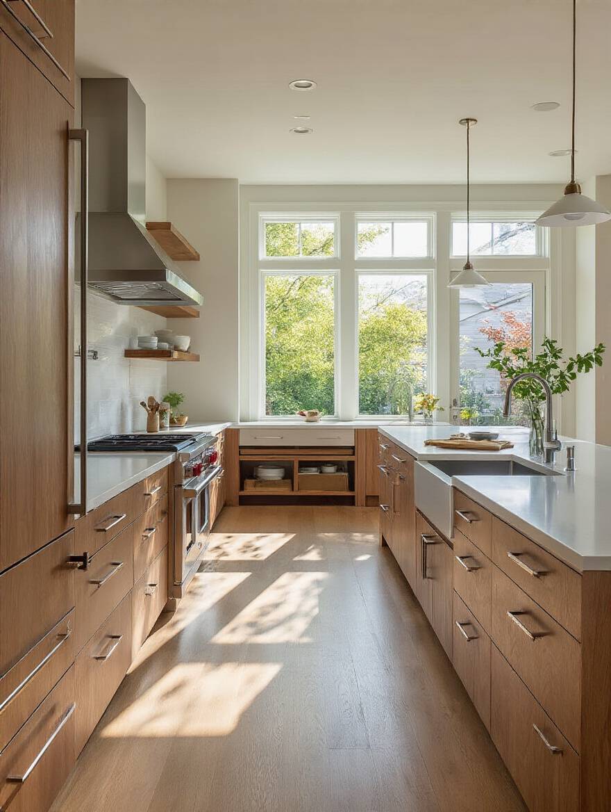 A modern, accessible kitchen with universal design features including varied counter heights, pull-out drawers, wide walkways, and a lever-handle faucet, photographed in portrait orientation.