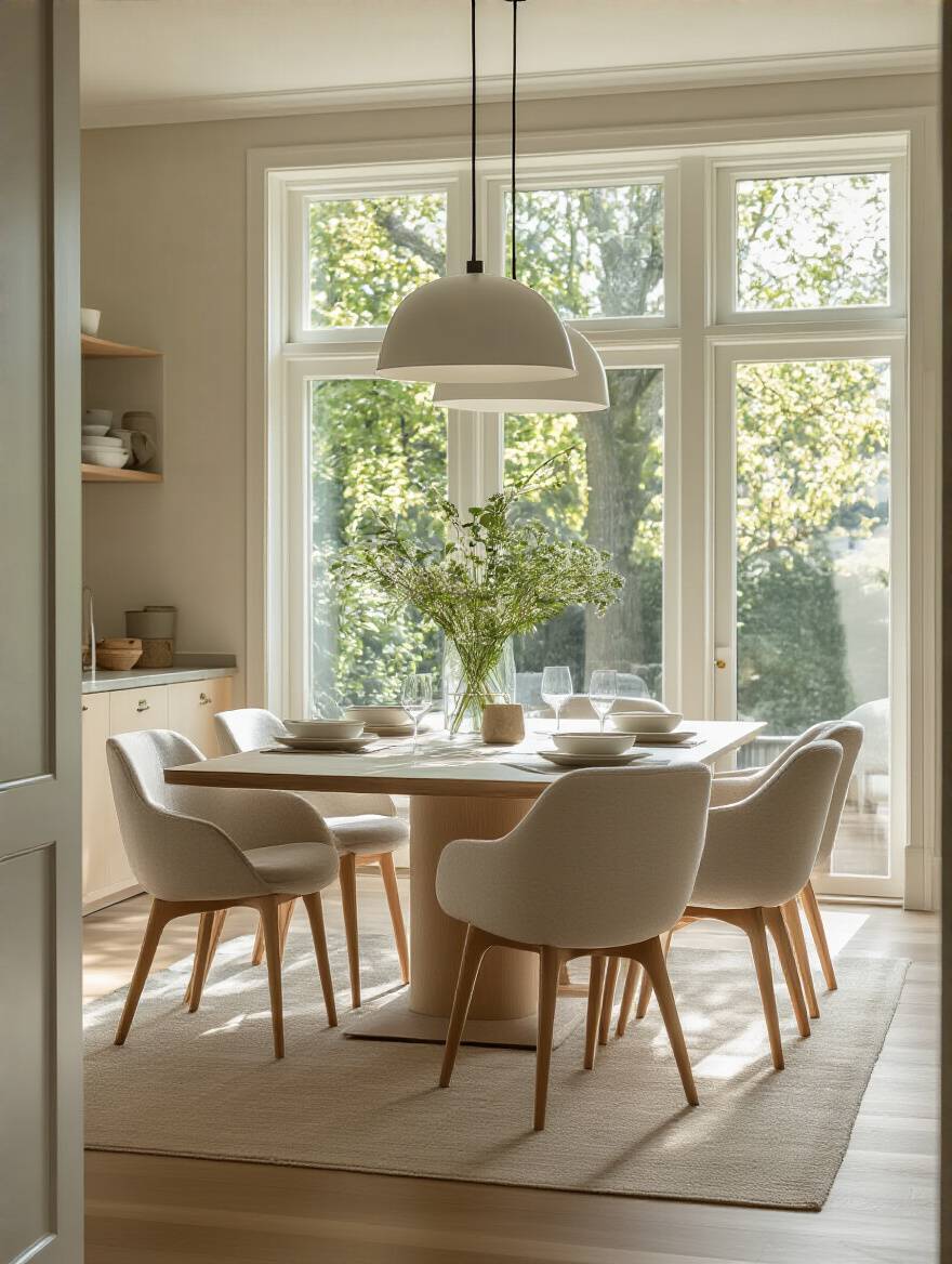 Optimized dining room layout with a rectangular table, demonstrating ample clearance for smooth traffic flow and comfortable conversational seating, featuring elegant interior design and natural light.
