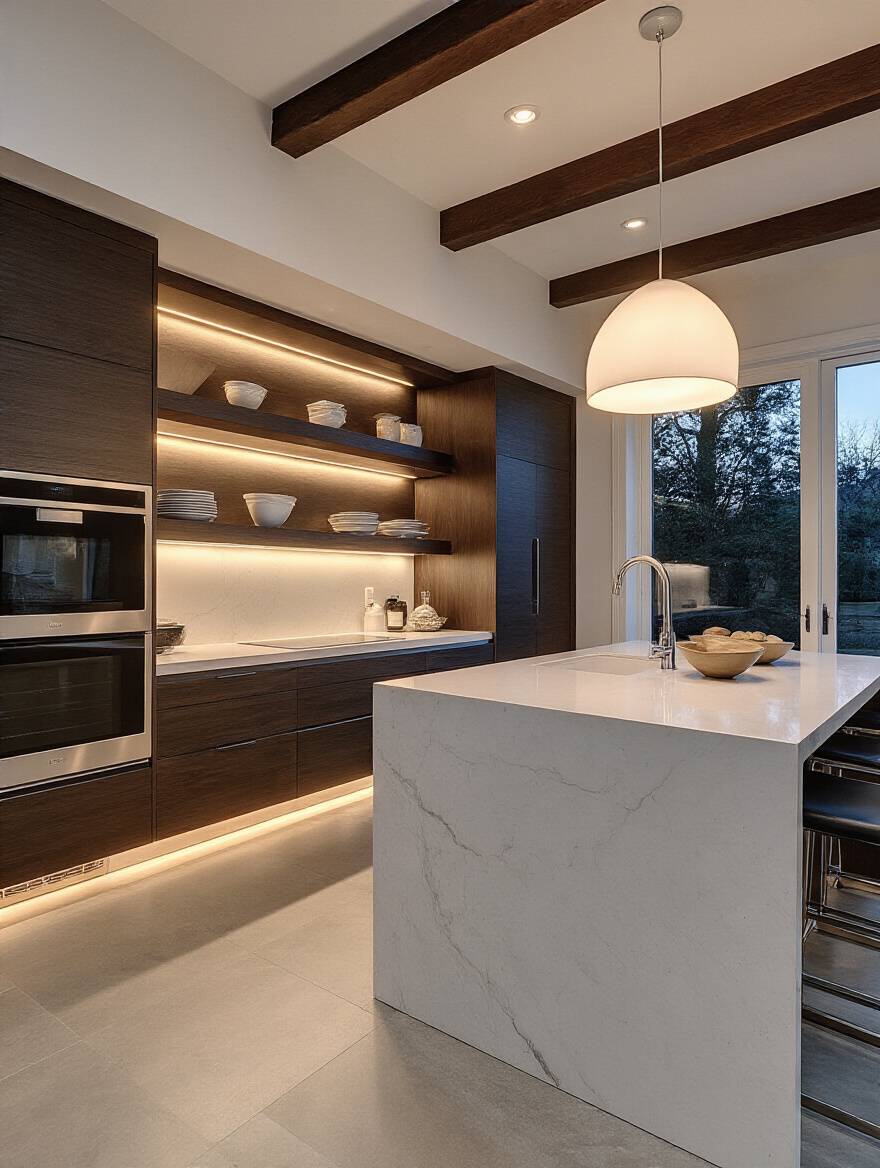 Modern kitchen with balanced layered lighting: recessed ceiling lights, under-cabinet <a href=