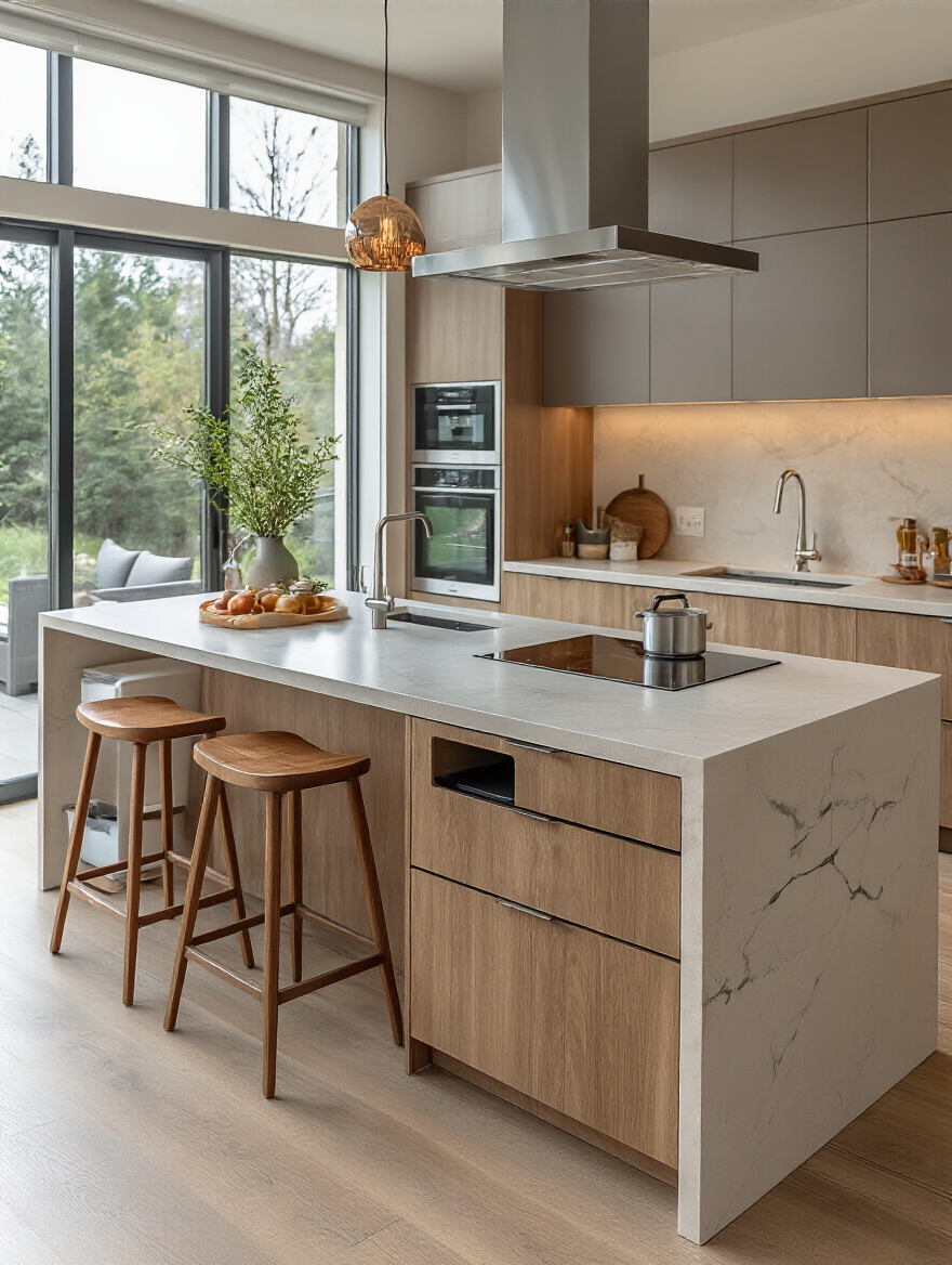 Portrait of a modern kitchen island designed for multifunctional use with clearly defined zones and integrated storage.