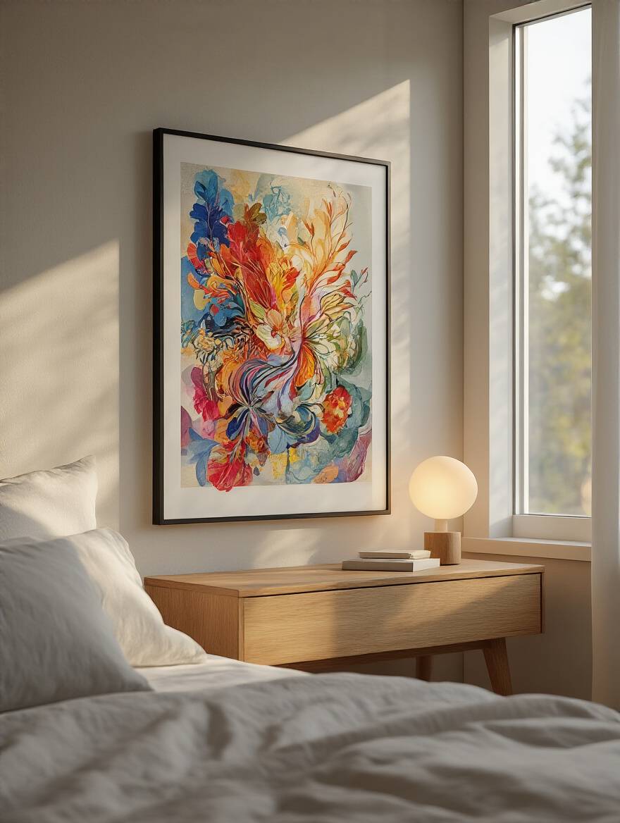 A vibrantly colored abstract art print framed with clear, glare-reducing glass, displayed above a bed in a modern, sunlit bedroom, showcasing perfect visibility without reflections.