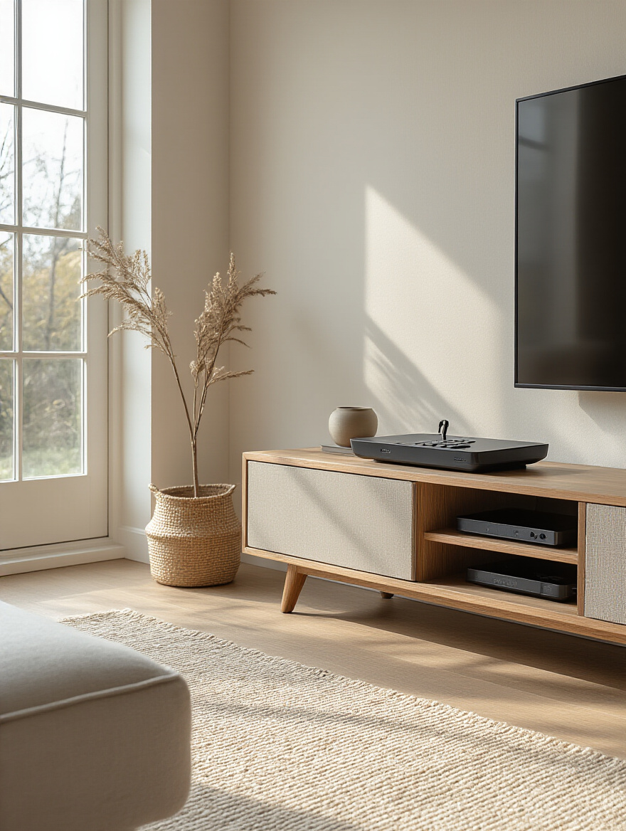Organized living room with a remote control holder and neatly managed cables on a media console