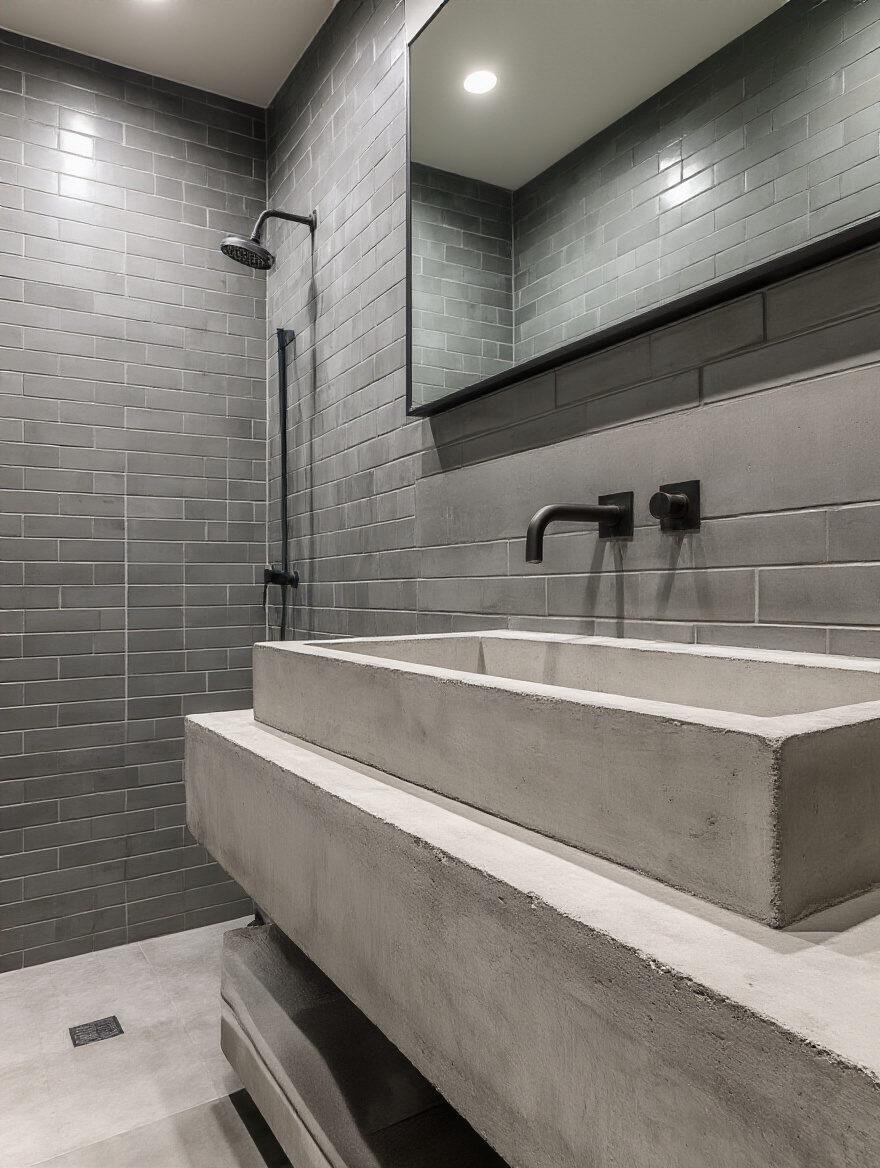 Industrial bathroom interior featuring dark industrial porcelain tiles against a raw red exposed brick wall, with a black metal shower frame. Highlighted by warm recessed lighting.