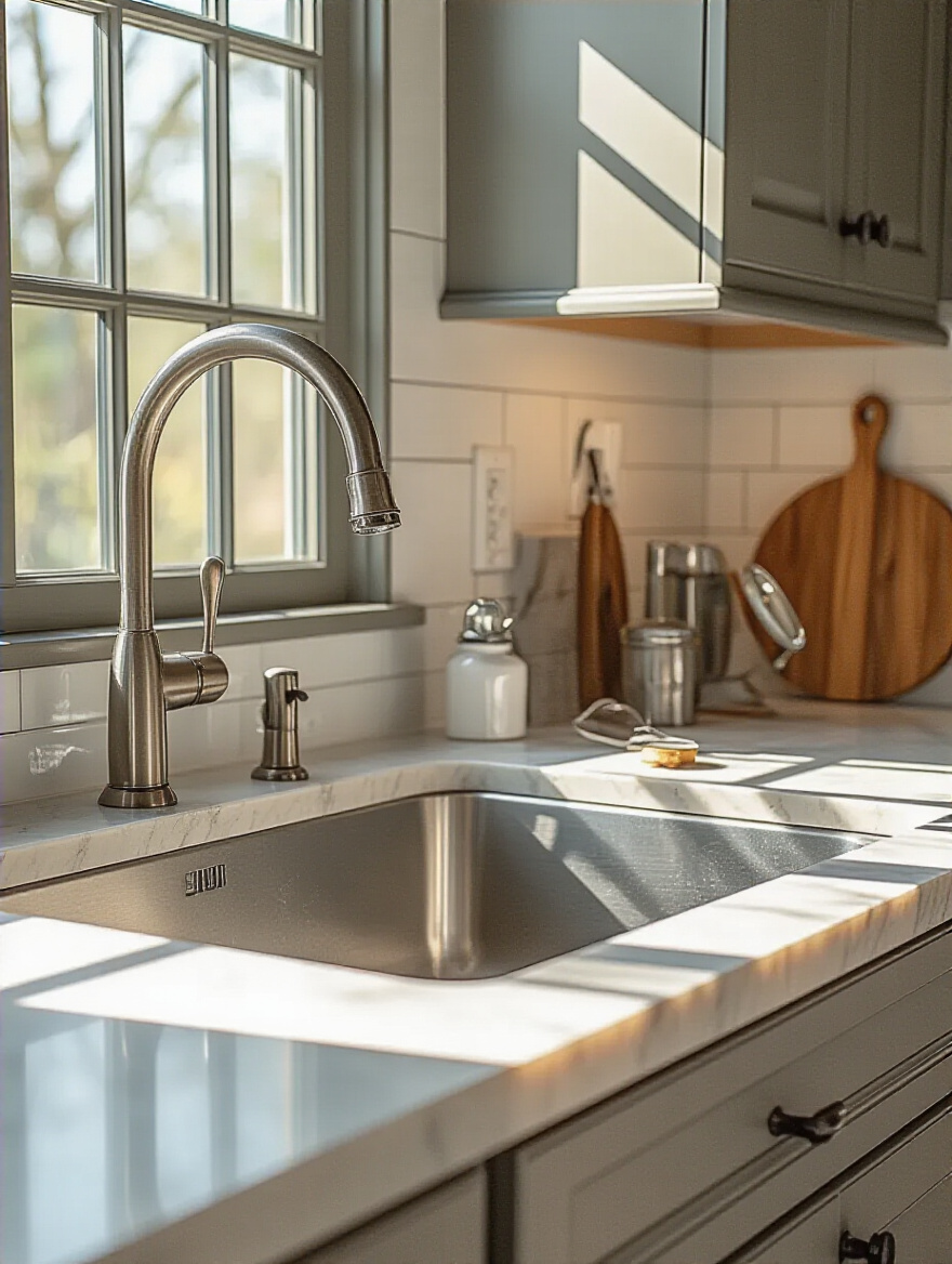 Portrait of a modern kitchen sink area with cabinet hardware and seals ready for maintenance check