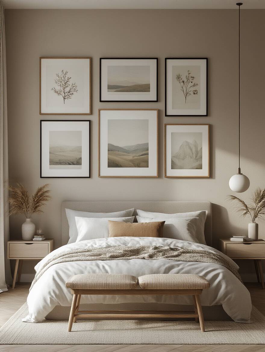 A stylish bedroom with a freshly reconfigured art print gallery wall, showcasing a balanced and fresh layout, bathed in soft morning light.