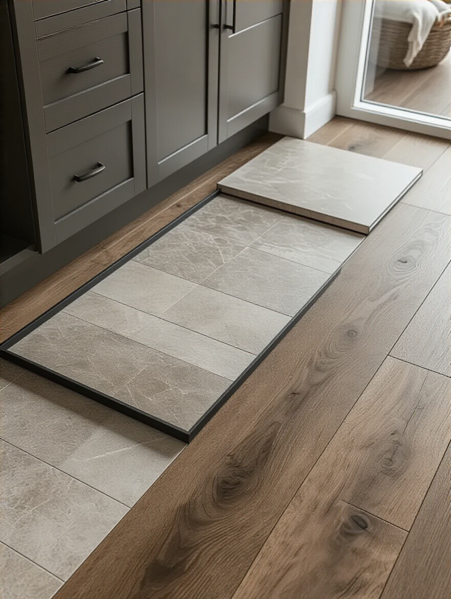 Portrait view of a modern kitchen floor featuring durable high-traffic flooring options.