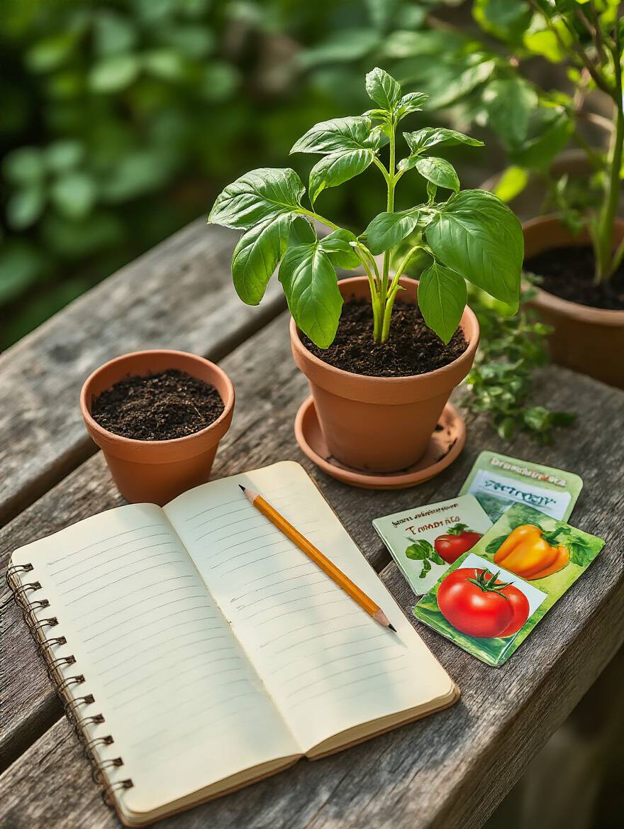 Close-up of garden planning supplies including seed packets and a gardening journal on a wooden bench, representing planning a planting schedule using frost dates.