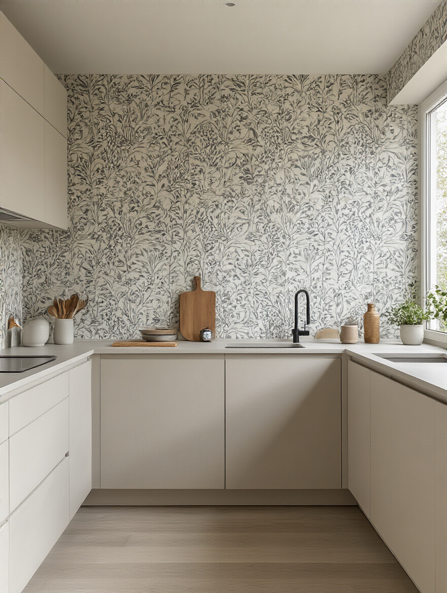 Modern kitchen wall with a section of peel-and-stick patterned wallpaper carefully peeling away to reveal a pristine, primed wall beneath, demonstrating easy removal.