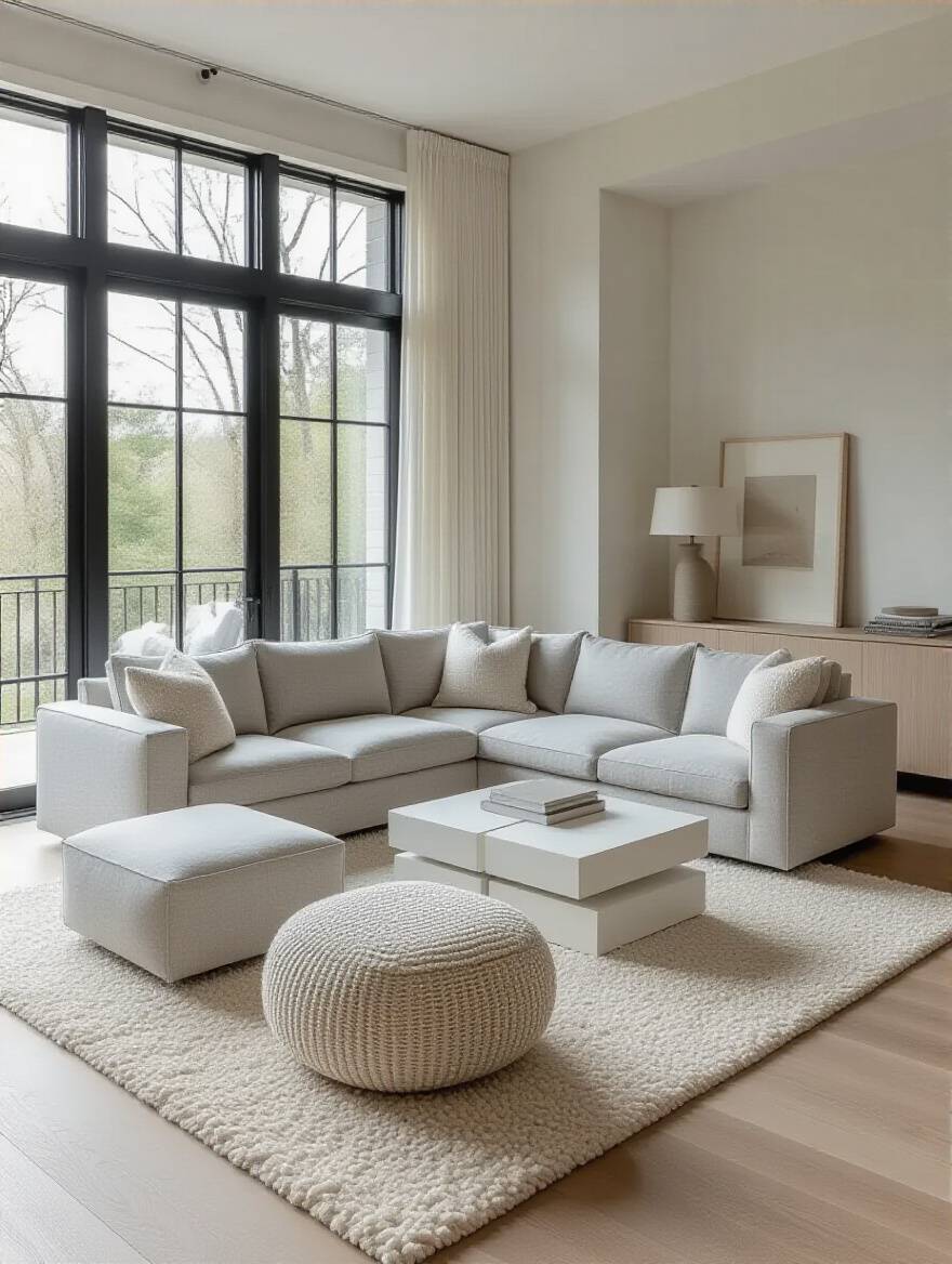 A bright living room with a flexible, reconfigurable grey modular sectional sofa and nesting tables, designed for adaptability.