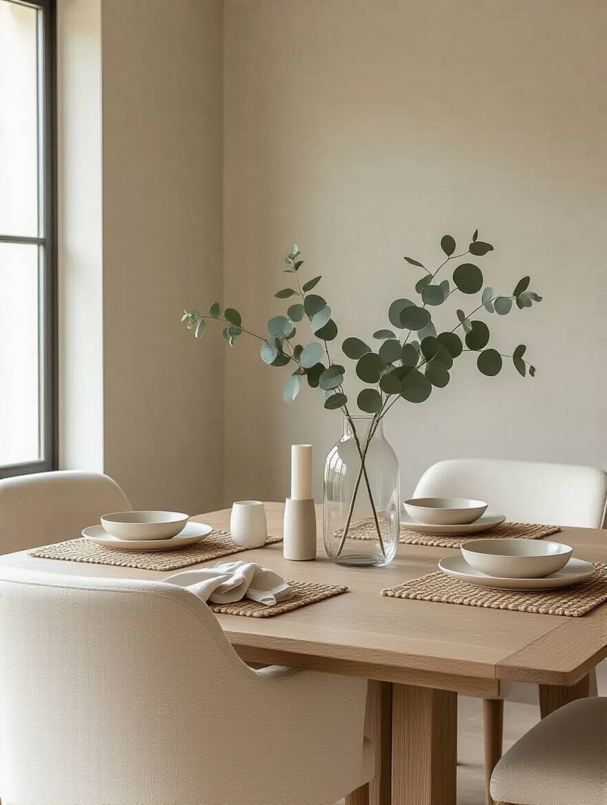 A bright and airy dining room showcasing flexible decor, featuring an oak dining table, cream chairs, a clear glass vase with eucalyptus, and neutral woven placemats under soft natural light, perfect for effortless seasonal changes.