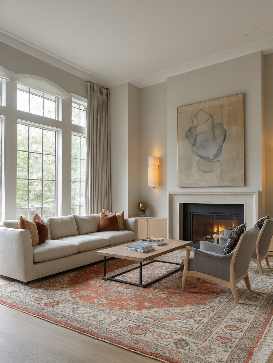 Portrait image of a living room with furniture floating away from walls to create an inviting feel
