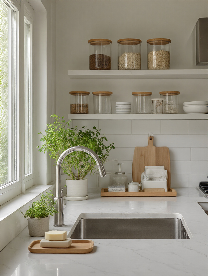 Minimalist kitchen after a daily reset with clean counters and neatly stored items
