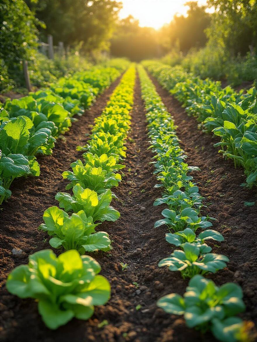 Overhead view of a vibrant home vegetable garden demonstrating succession planting with rows of young seedlings, mature ready-to-harvest plants, and recently replanted areas, ensuring a continuous supply of fresh produce.