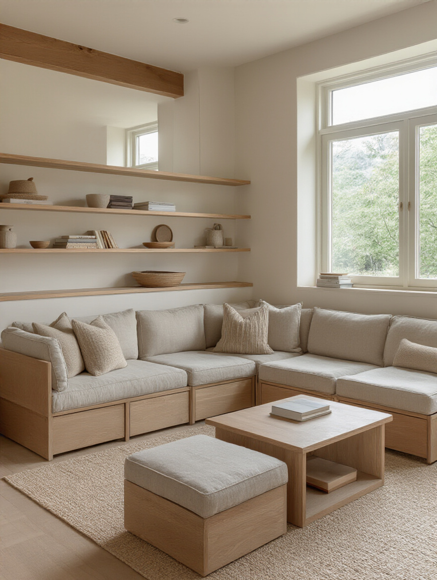 Portrait of a serene small living room showcasing multipurpose furniture