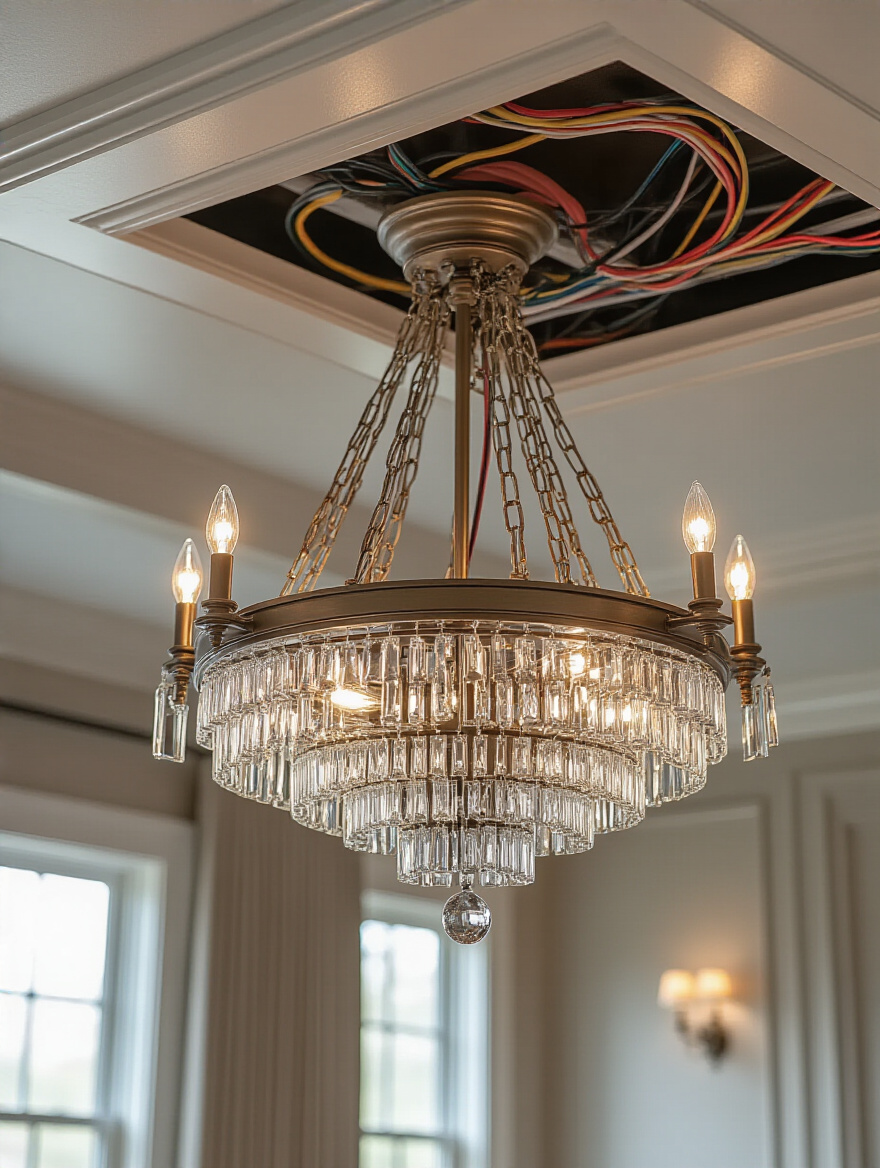 Close-up of a ceiling where a large dining room chandelier is being professionally installed, showing secure wiring connections and a sturdy mounting bracket for safety.
