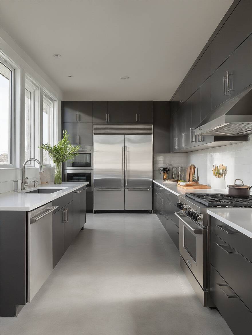 A modern kitchen illustrating the efficient kitchen work triangle concept with a sink, refrigerator, and cooking range strategically placed.